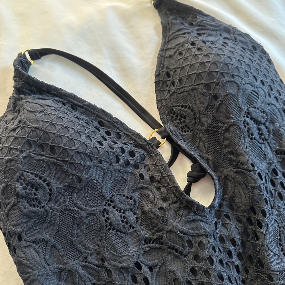 Black Lace One-Piece Swimsuit in excellent condition